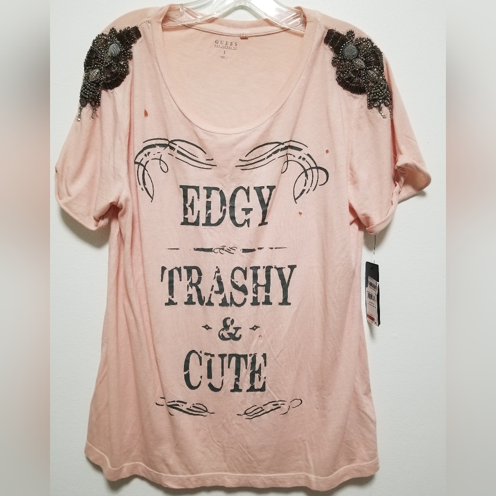 New Guess Pink Beaded Rock T-shirt Distressed Graphic Edgy Trashy & Cute Large - Picture 2 of 10